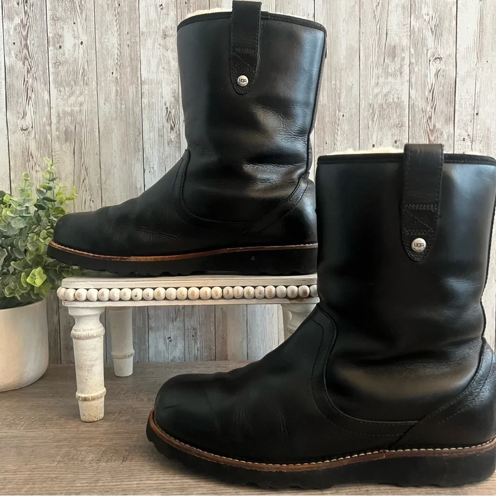 UGG Black Stoneman 3247 Leather Men's Rain & Snow Boots Sherpa Lined 9